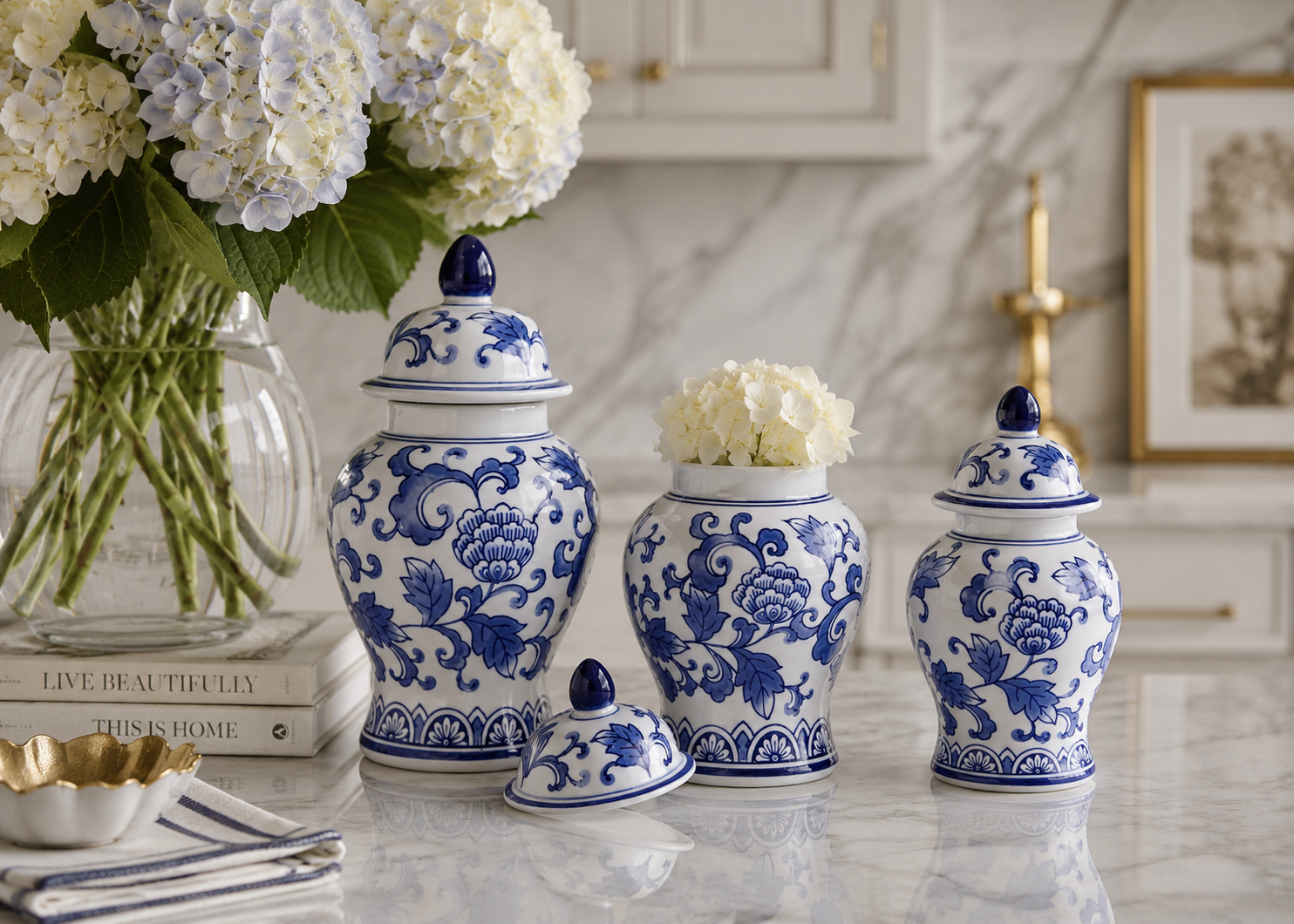 Set of 3 Blue & White Floral Food Safe Jars