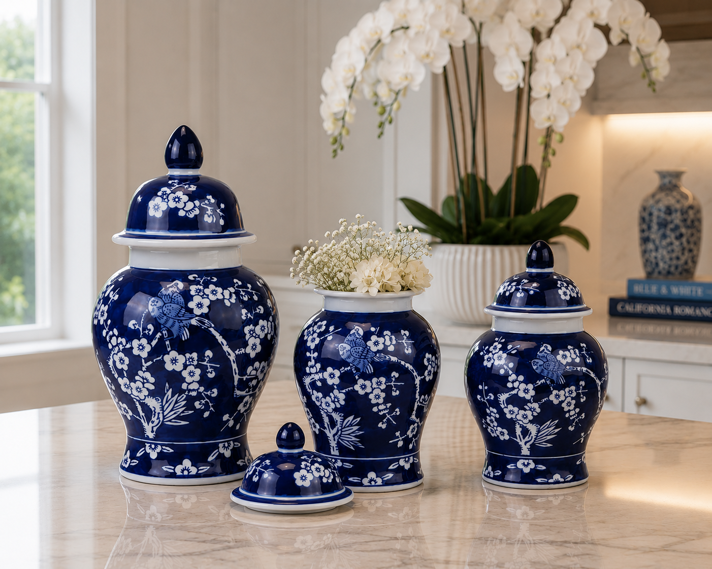Set of 3 Navy Cherry Blossom Food Safe Jars