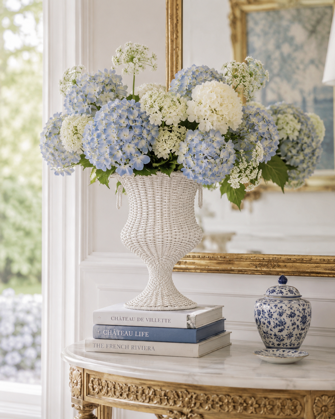 White Round Scalloped Wicker Urn and Pedestal (2 Options)