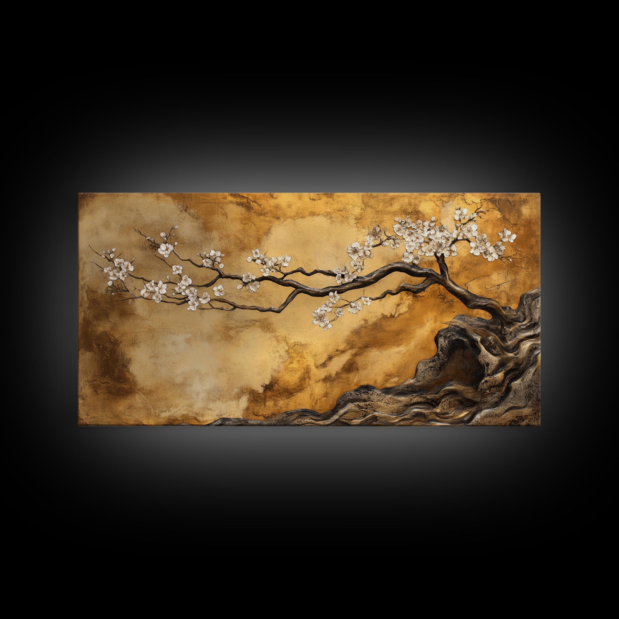 Framed Canvas Print of Golden Cherry Blossom Art in Chinoiserie Style with Metallic Details, Elegant Botanical Wall Art Gift