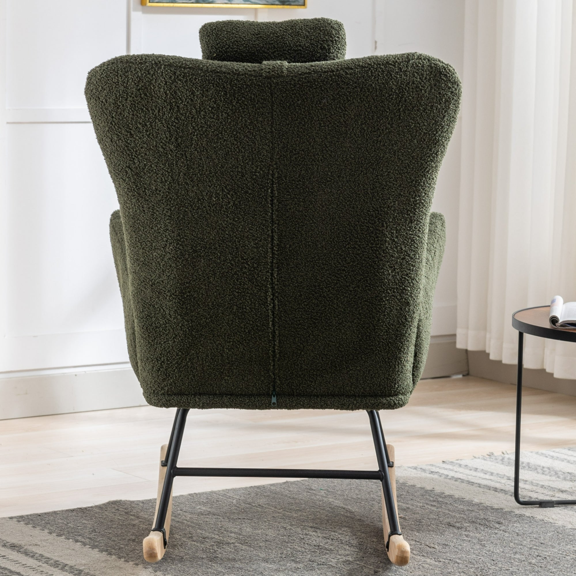 35.5-inch soft Teddy fabric rocking chair with pockets, comfortable wing straps, secure solid wood base (dark green)