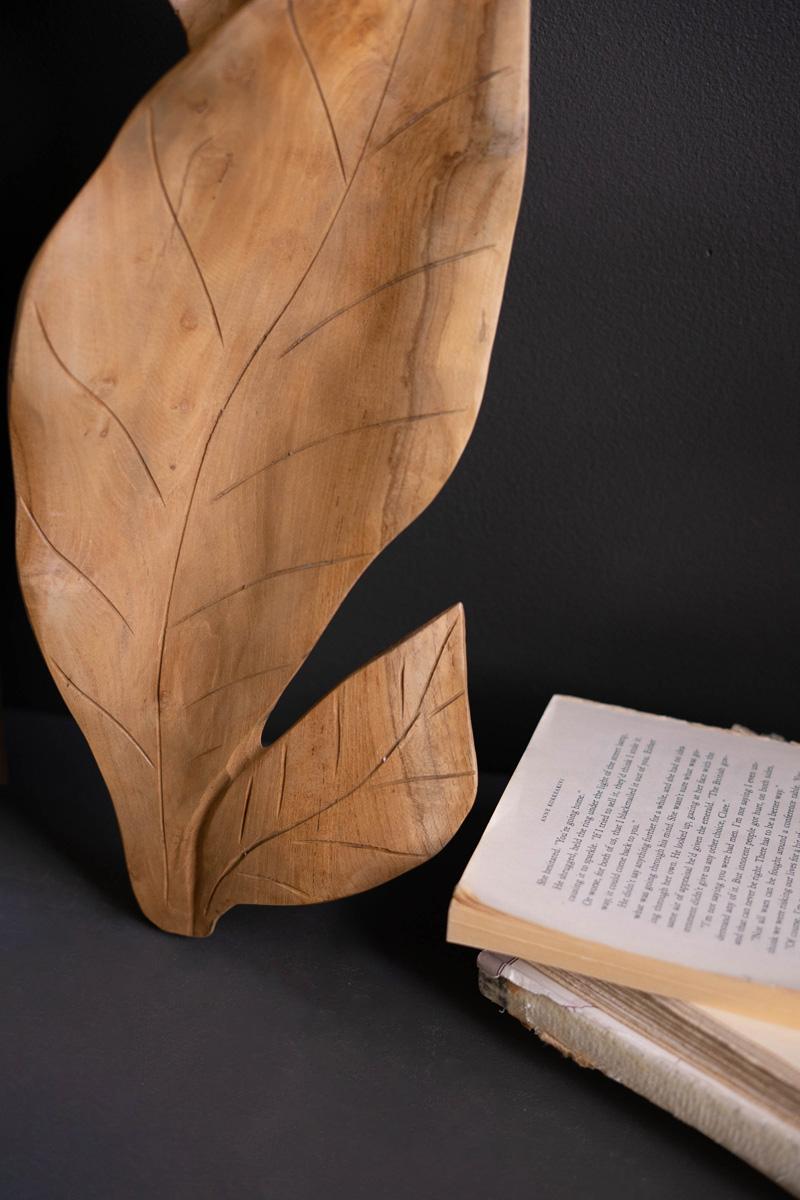 Hand-Carved Teakwood Leaf Sculpture