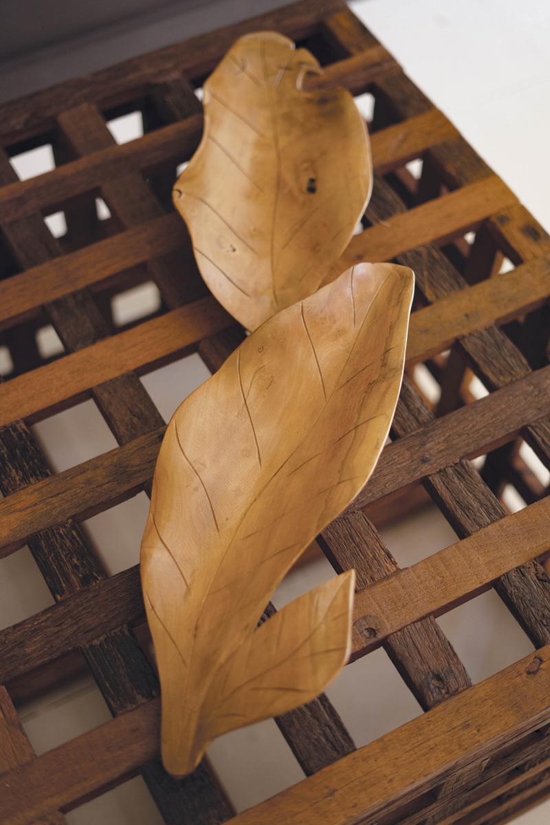 Hand-Carved Teakwood Leaf Sculpture