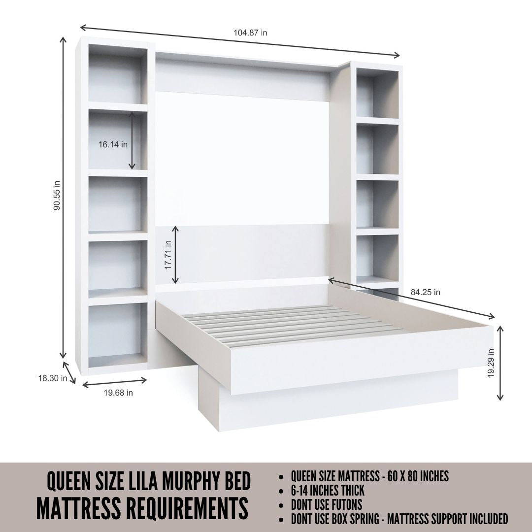 Easy-Lift Queen Murphy Wall Bed in Dark Grey with Two Bookshelves