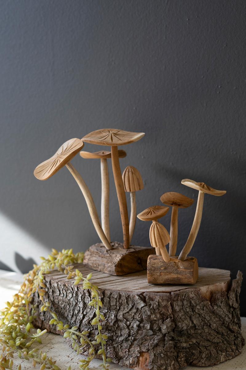 Hand-Carved Teak Mushroom Clusters - Set of 2