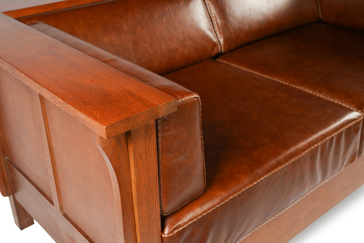 Craftsman Cubic Panel Side Love Seat - Chestnut Brown Leather