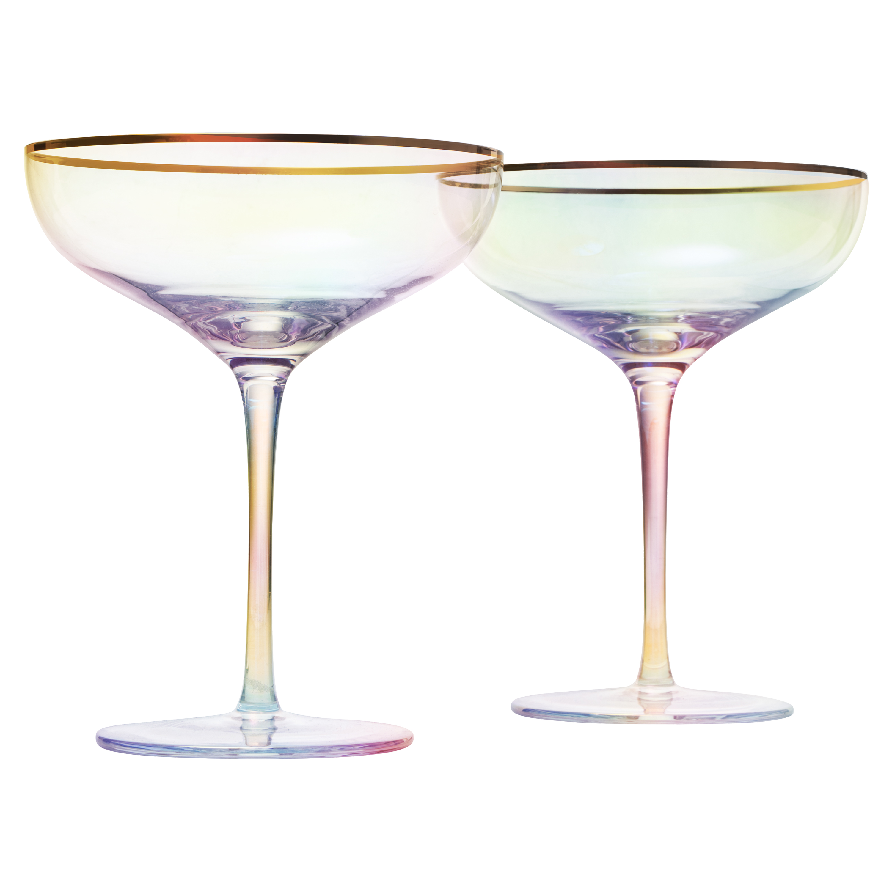 Iridescent Colored Gilded Rim Coupe Glass 2 Set Large 9OZ Rainbow Cocktail Champagne Luster Pearl Gl