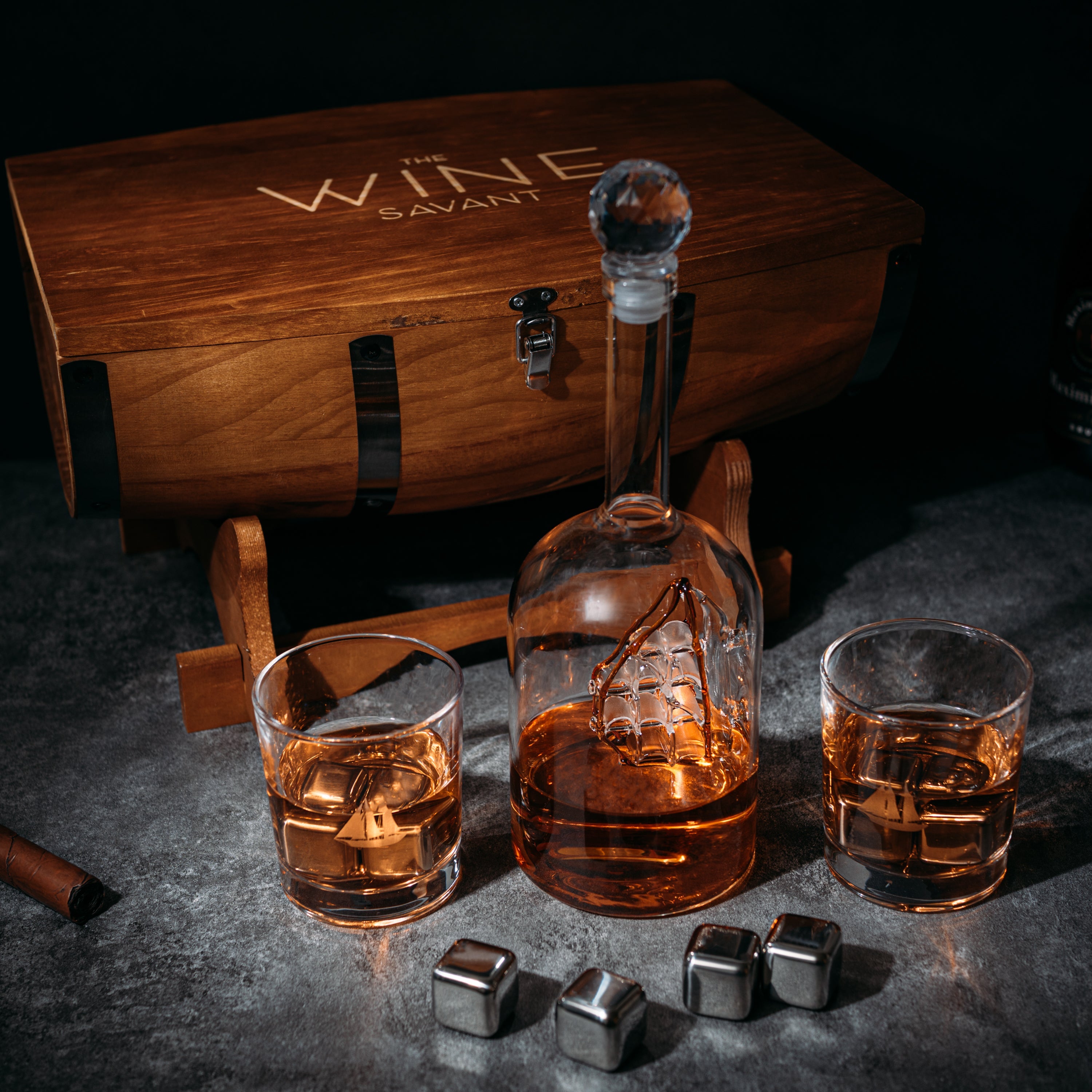 Large Display Whiskey Wine Decanter With Antique Ship Handcrafted Wood Barrel Storage De