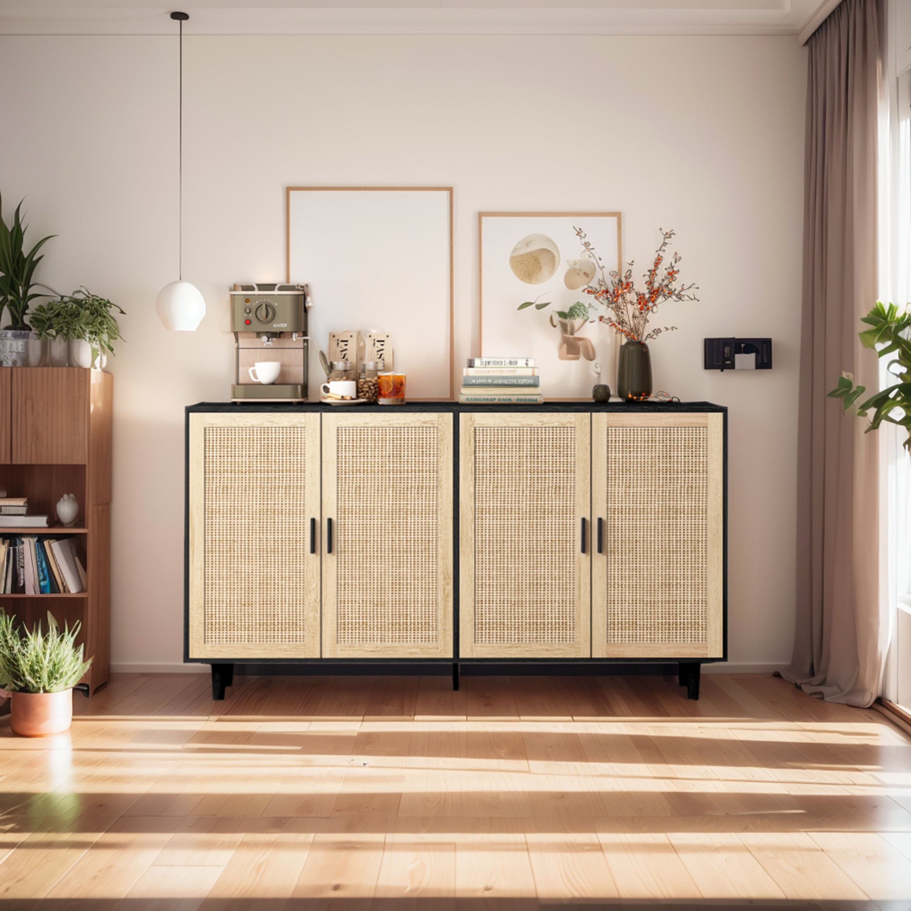 62.20"Elegant and Functional 4-Door Rattan Decorative Storage Cabinet,for Bedroom,Living Room,Office,Easy Assembly,Black