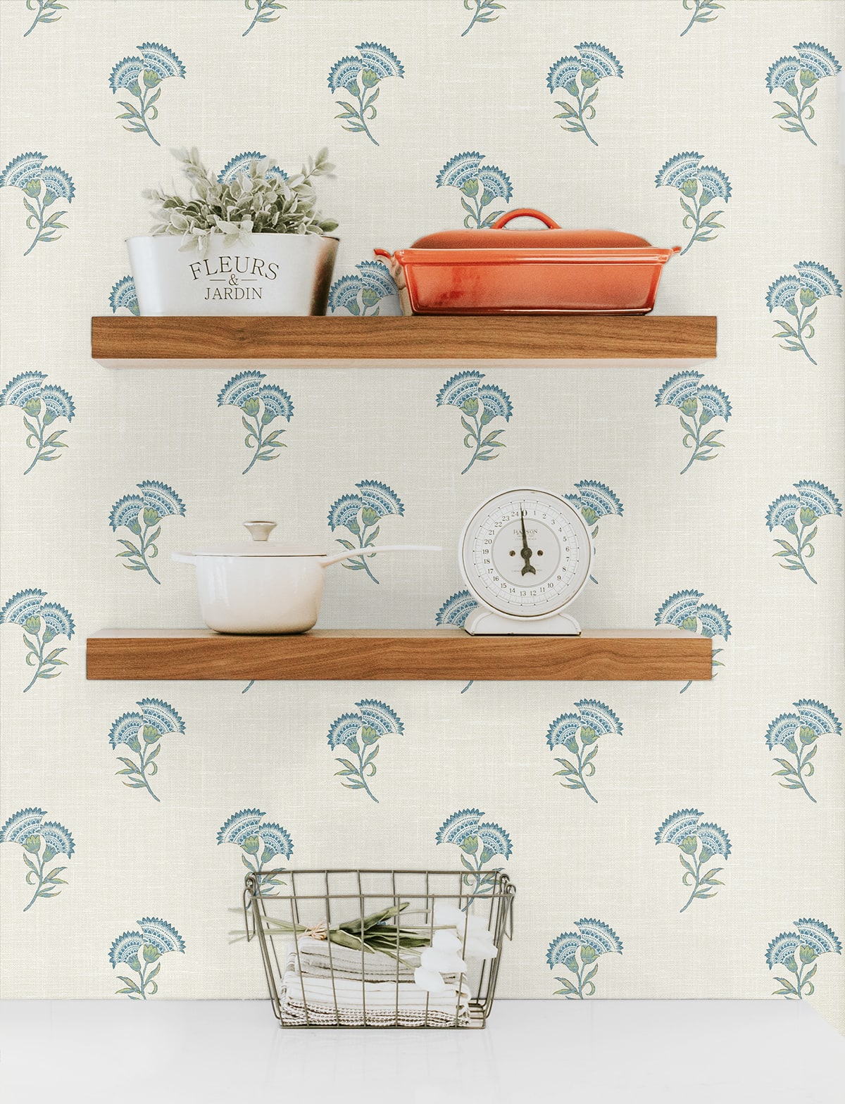 French Country Lotus Branch Floral Unpasted Wallpaper