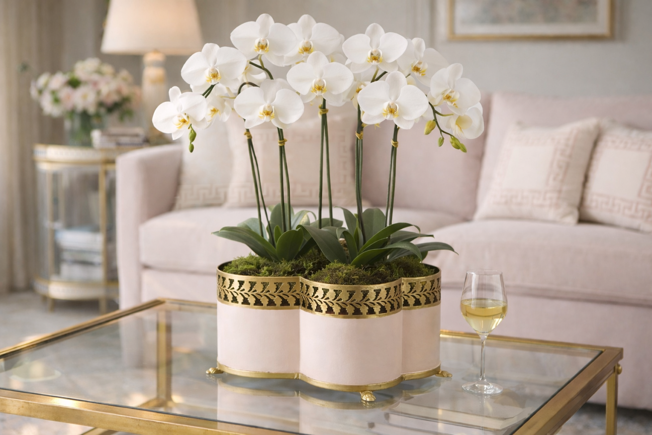 Blush Pink & Gold Leaf Quatrefoil Planter