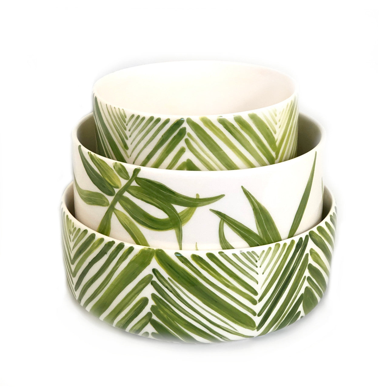 Wide Serving Bowl - Green Palm Leaves