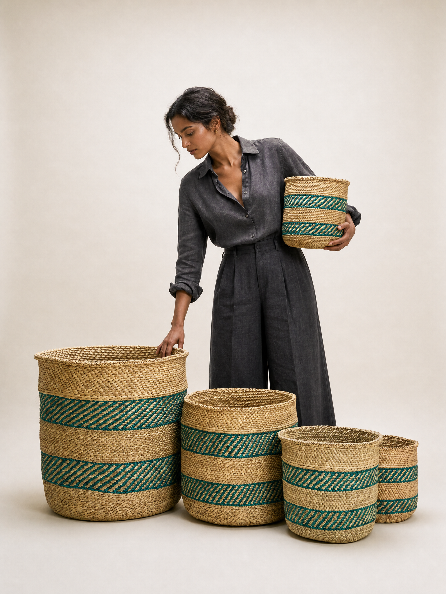 African Iringa woven basket with Turquoise Stripe