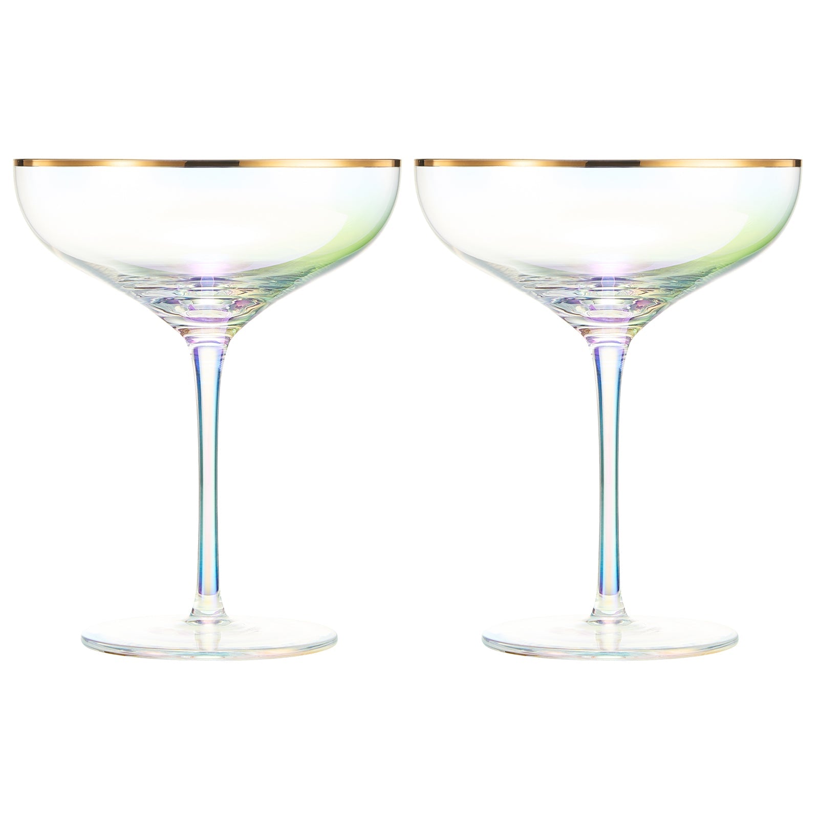 Iridescent Colored Gilded Rim Coupe Glass 2 Set Large 9OZ Rainbow Cocktail Champagne Luster Pearl Gl