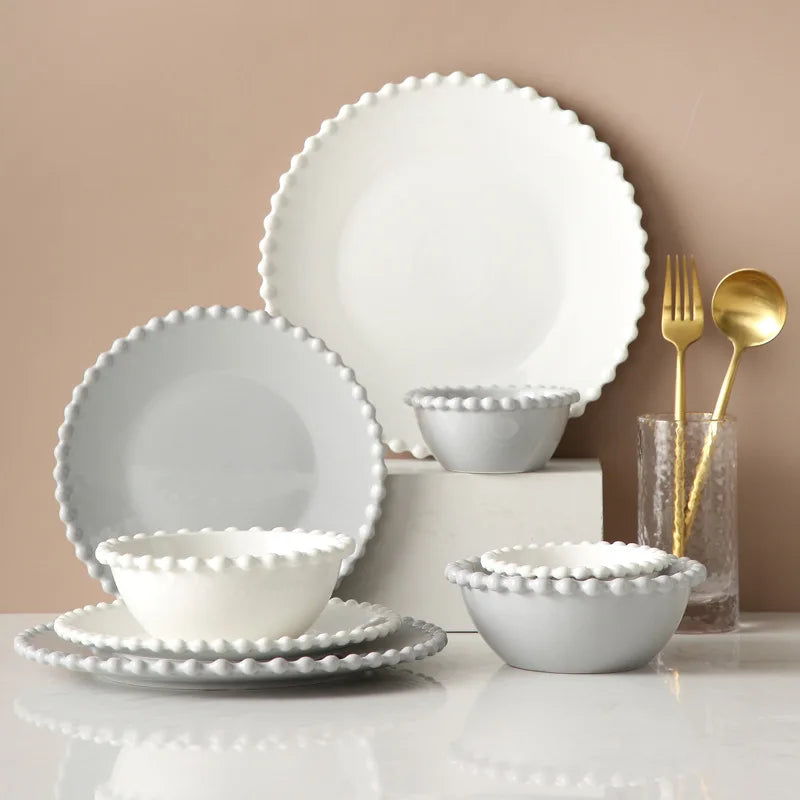 Heart Shaped Pearl Dinner Plate Set - Elegant Porcelain Tableware for Salad, Soup, Steak