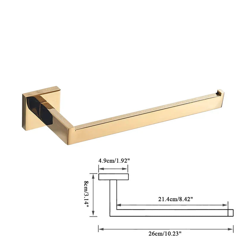 Gold Bathroom Hardware Set: Hook, Towel Rail, Bar, Shelf, Tissue Holder & More