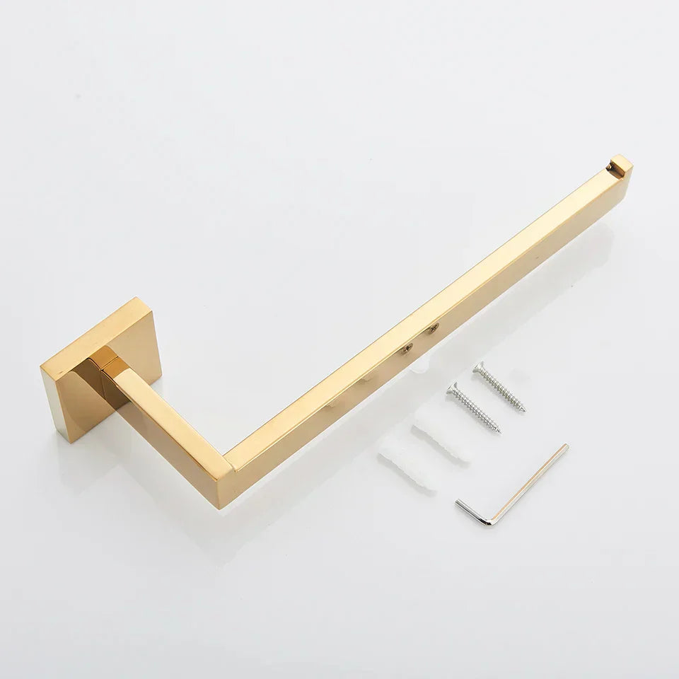 Gold Bathroom Hardware Set: Hook, Towel Rail, Bar, Shelf, Tissue Holder & More