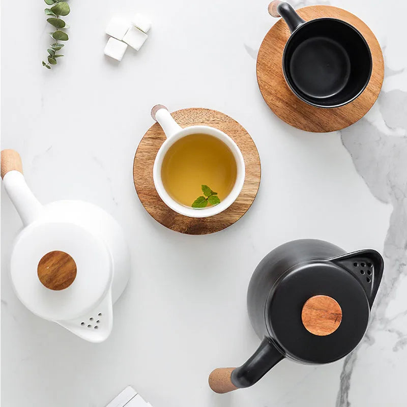 Japanese Style Ceramic Tea Pot Set with Wooden Handle | Heat-Resistant Borosilicate Glass
