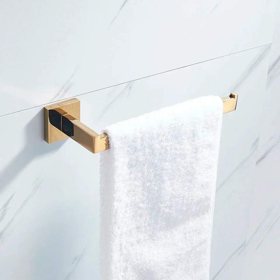 Gold Bathroom Hardware Set: Hook, Towel Rail, Bar, Shelf, Tissue Holder & More
