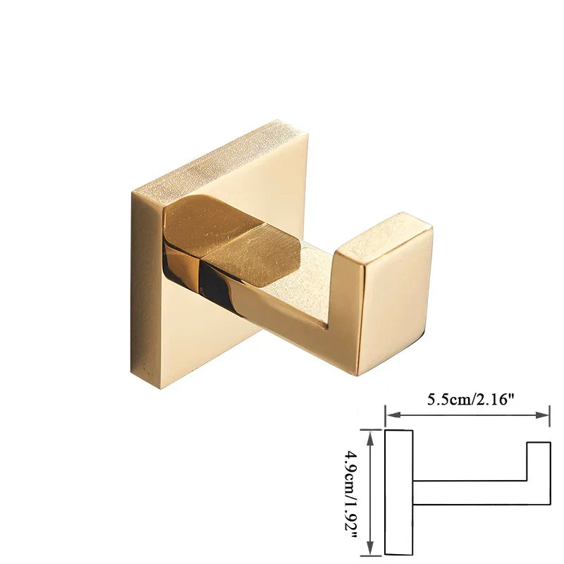 Gold Bathroom Hardware Set: Hook, Towel Rail, Bar, Shelf, Tissue Holder & More