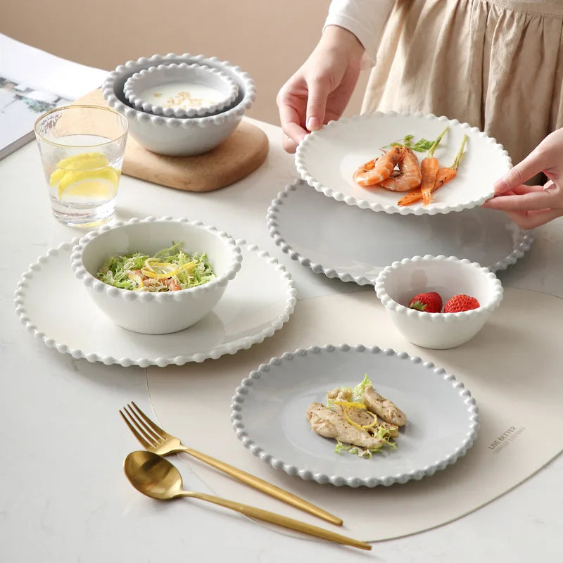 Heart Shaped Pearl Dinner Plate Set - Elegant Porcelain Tableware for Salad, Soup, Steak