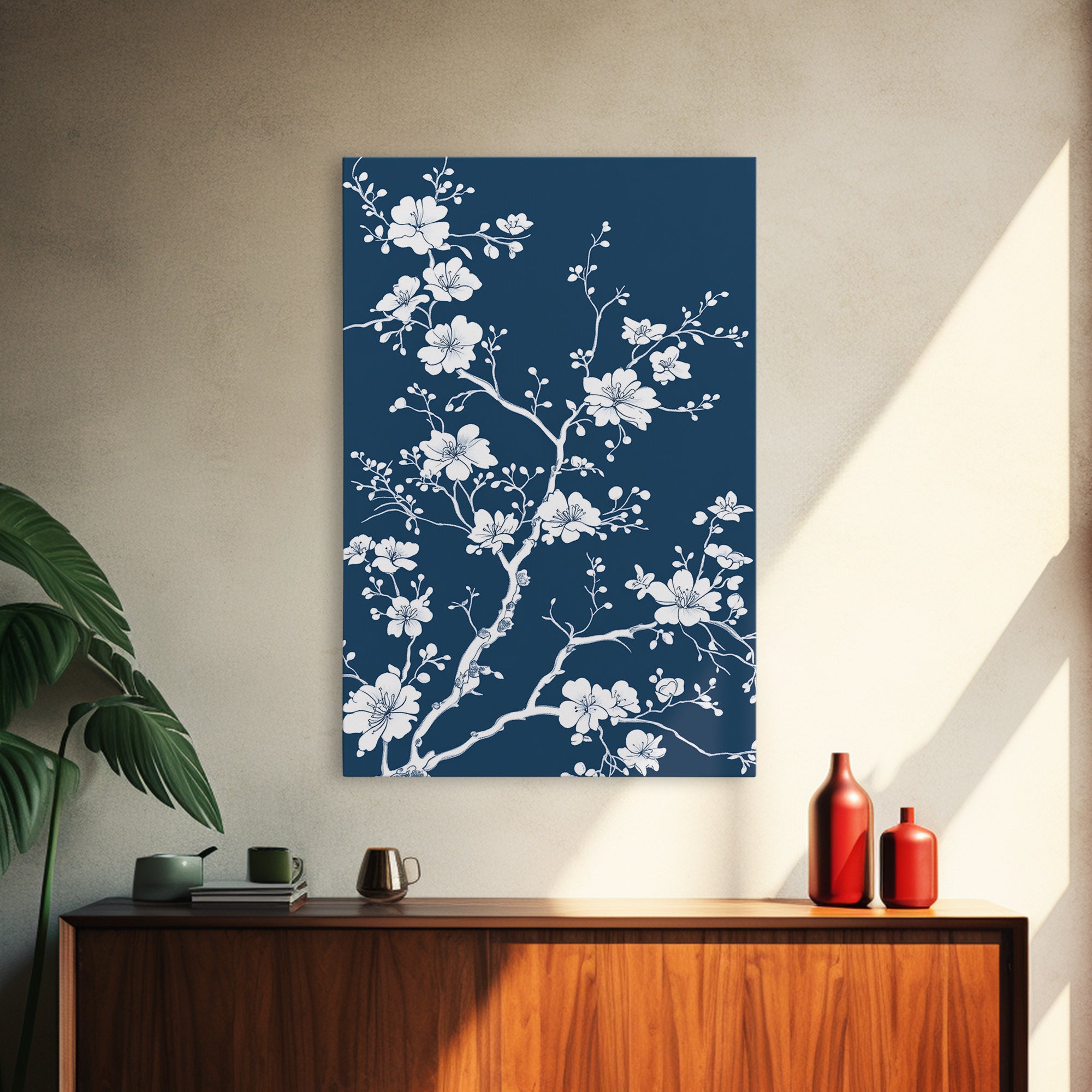 Forest Life Botanical Print - Framed Canvas Print - Chinoiserie Wall Art, Chinoiserie Painting, Blue Wall Art Ready To Hang