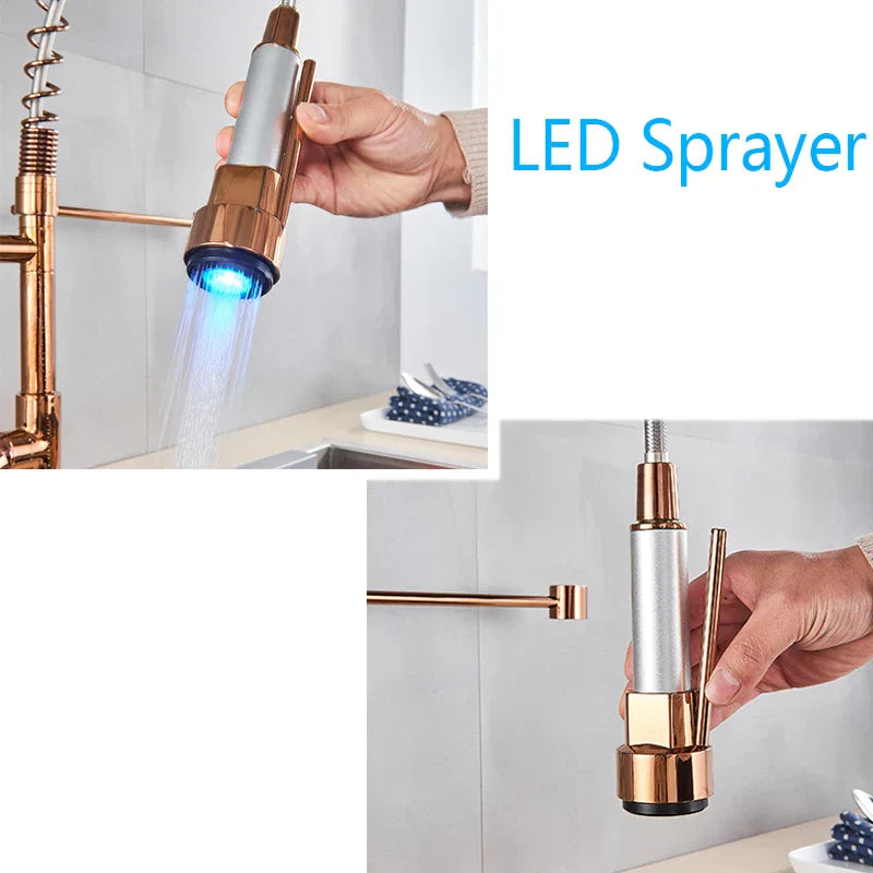 DecorBites™ LED Light Rose Gold Kitchen Faucet with Pull Down Spring Swivel Spout