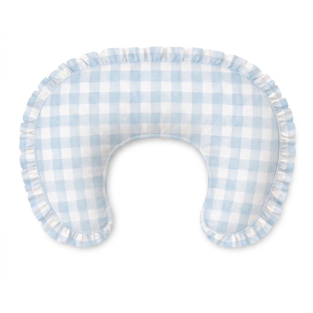 Light Blue Checkered Ruffle Nursing Pillow Cover