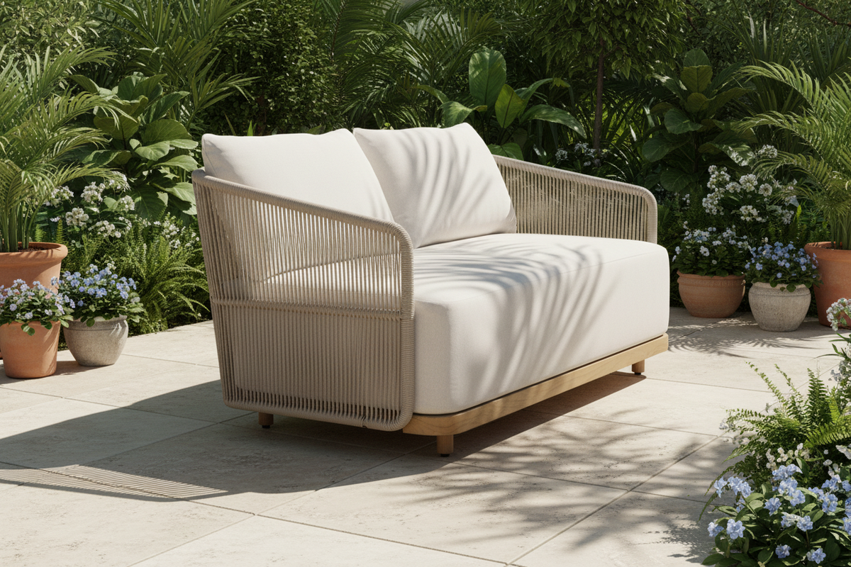 Alpine Teak Wood Outdoor Loveseat with Gray Rope Design