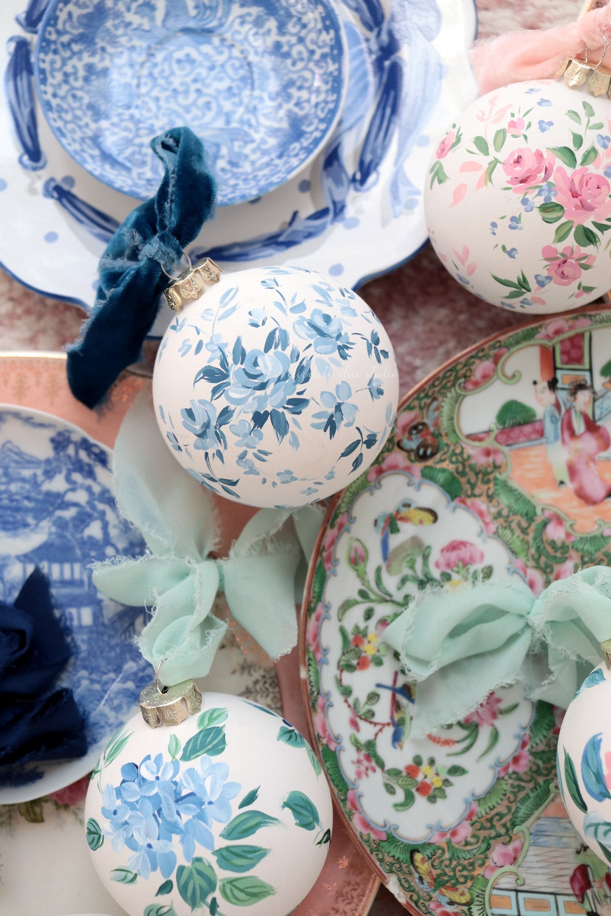 Blue vintage rose hand-painted ornament, made to order