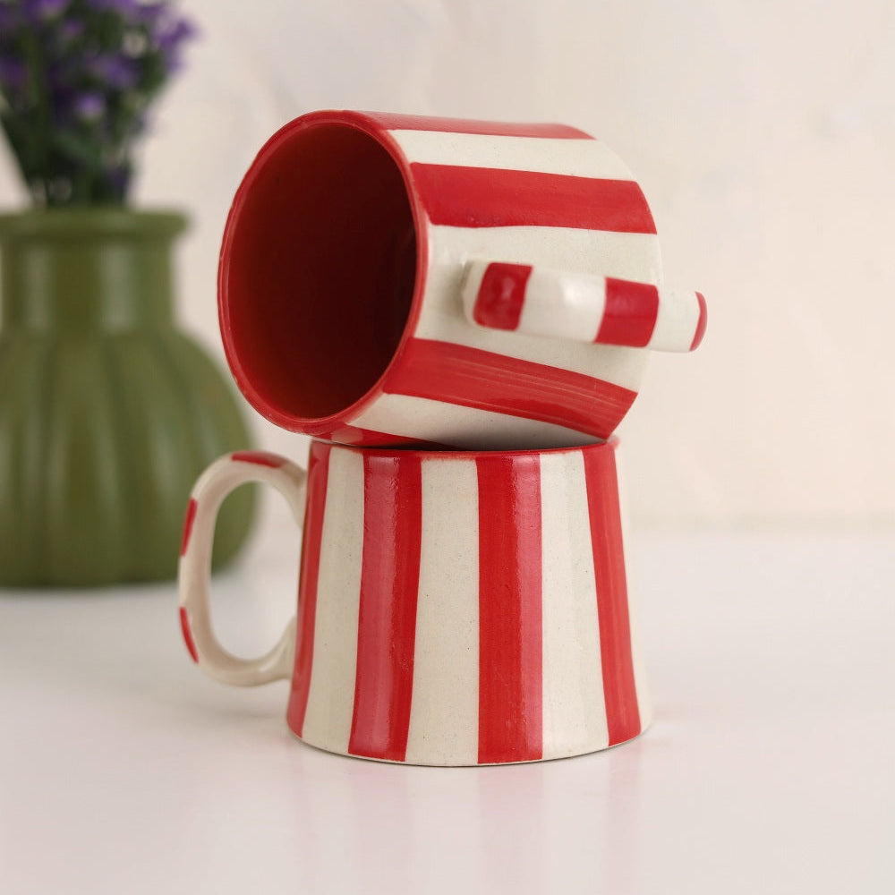 Red Stripe Coffee Cup | Handpainted Stoneware Mug | 7.5oz (Set of 2)
