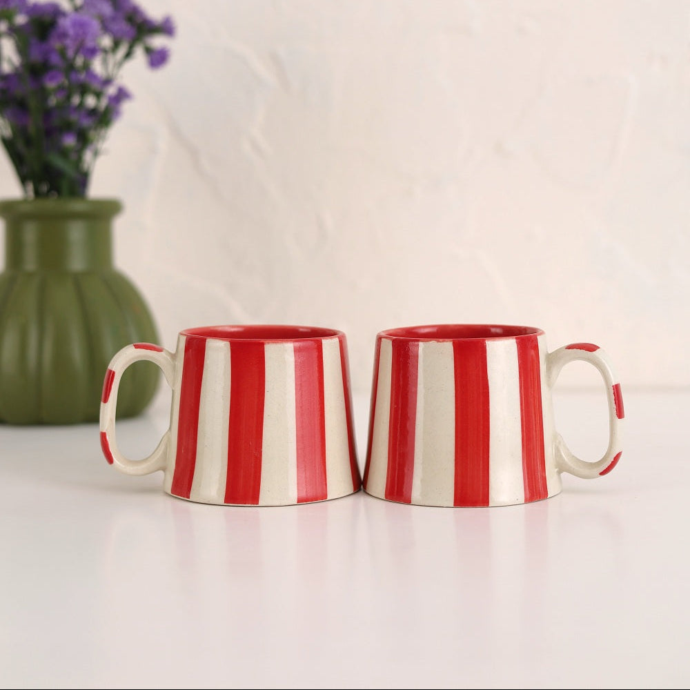 Red Stripe Coffee Cup | Handpainted Stoneware Mug | 7.5oz (Set of 2)