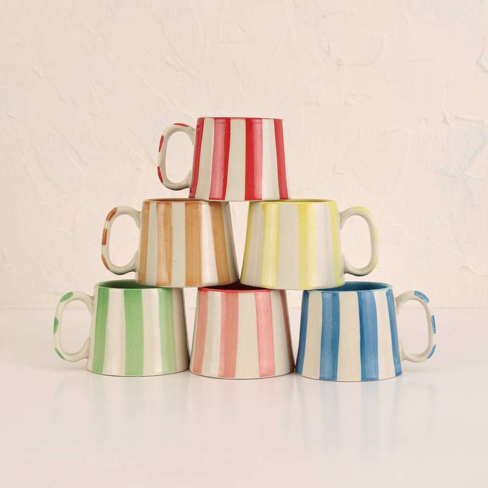 Red Stripe Coffee Cup | Handpainted Stoneware Mug | 7.5oz (Set of 2)