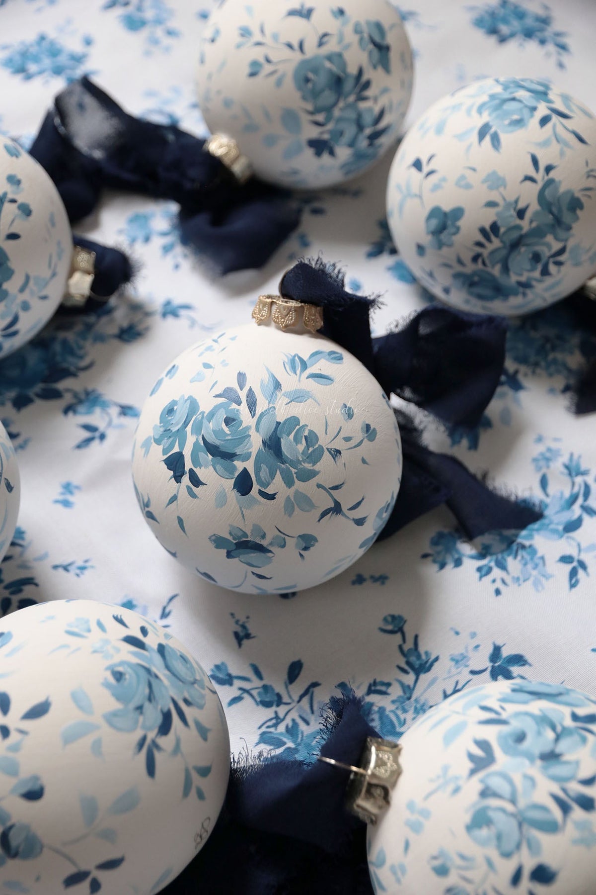 Blue vintage rose hand-painted ornament, made to order