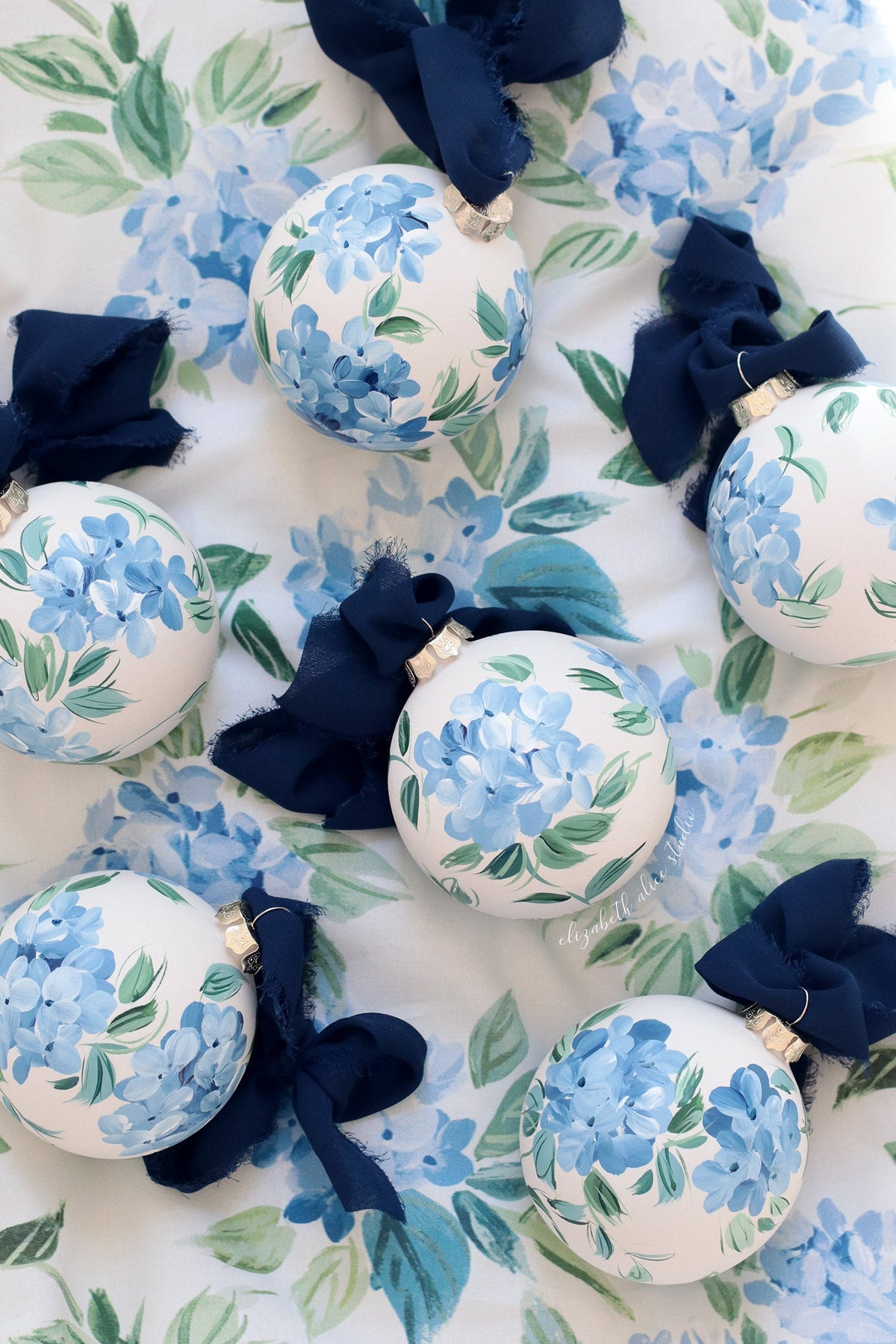 Blue hydrangea chinoiserie hand-painted ornament