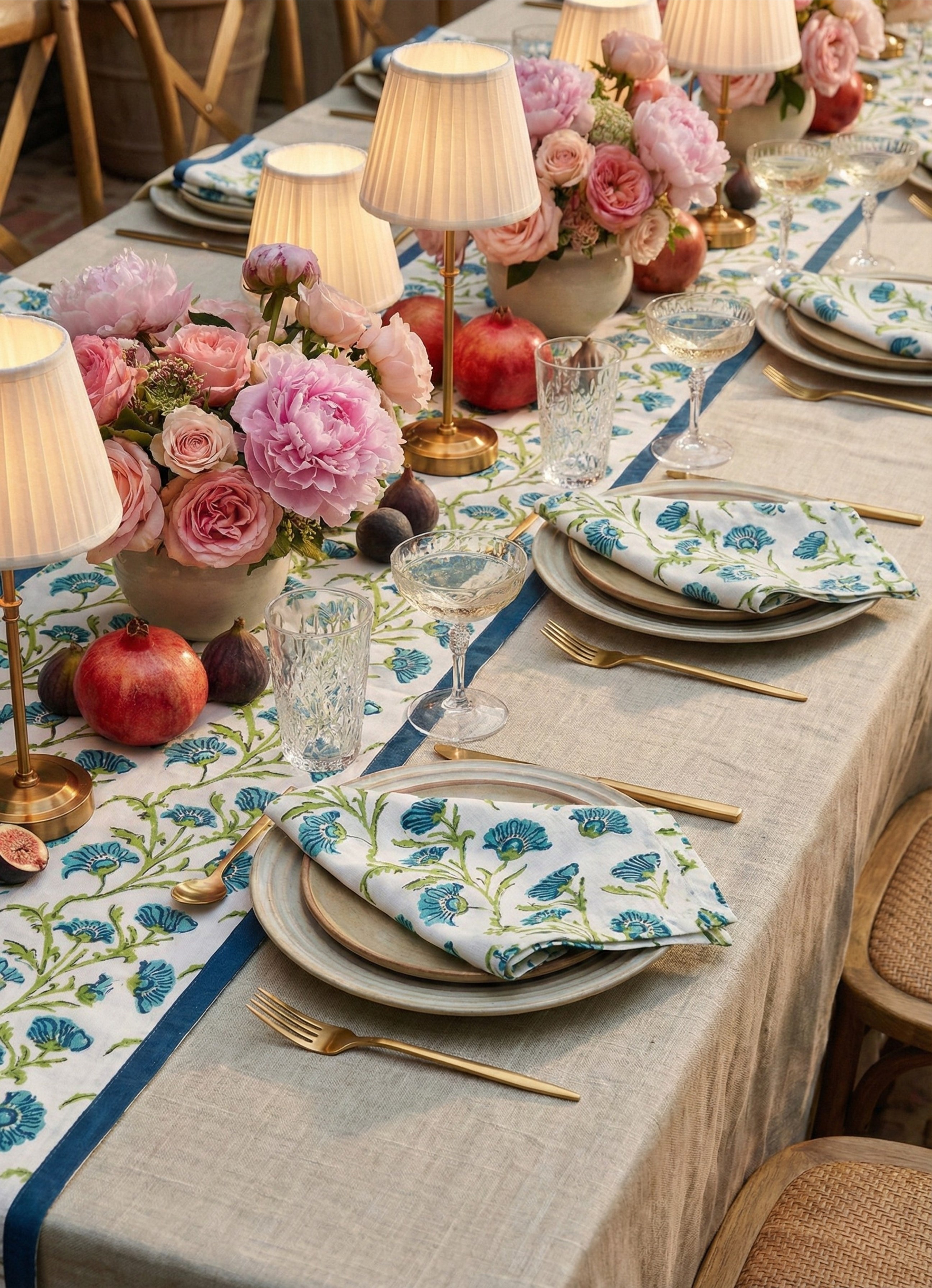 Bella Hand Printed Table Runner - Olive Green & Blue
