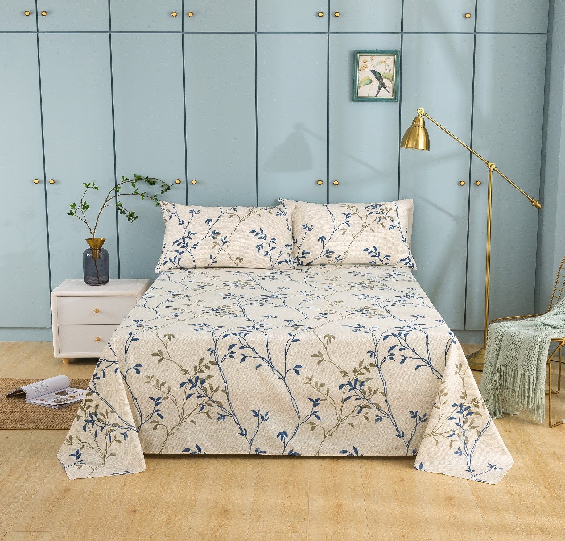 Tache Poplin Cotton Elegant Leaf Vine Cream Beige Fitted Sheet / Flat Sheet (JHW-842)