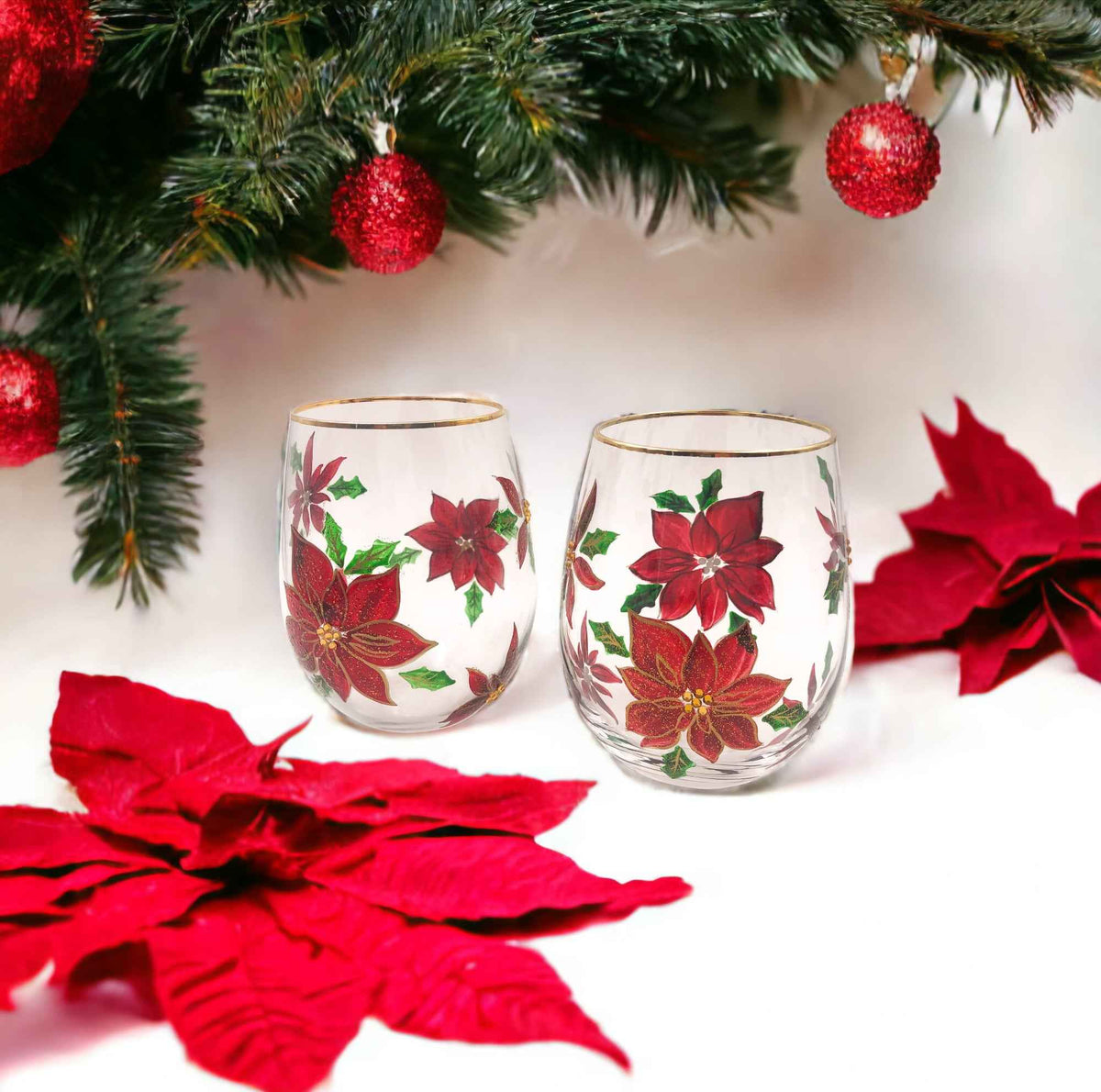 Painted Poinsettia Stemless Wine Glasses