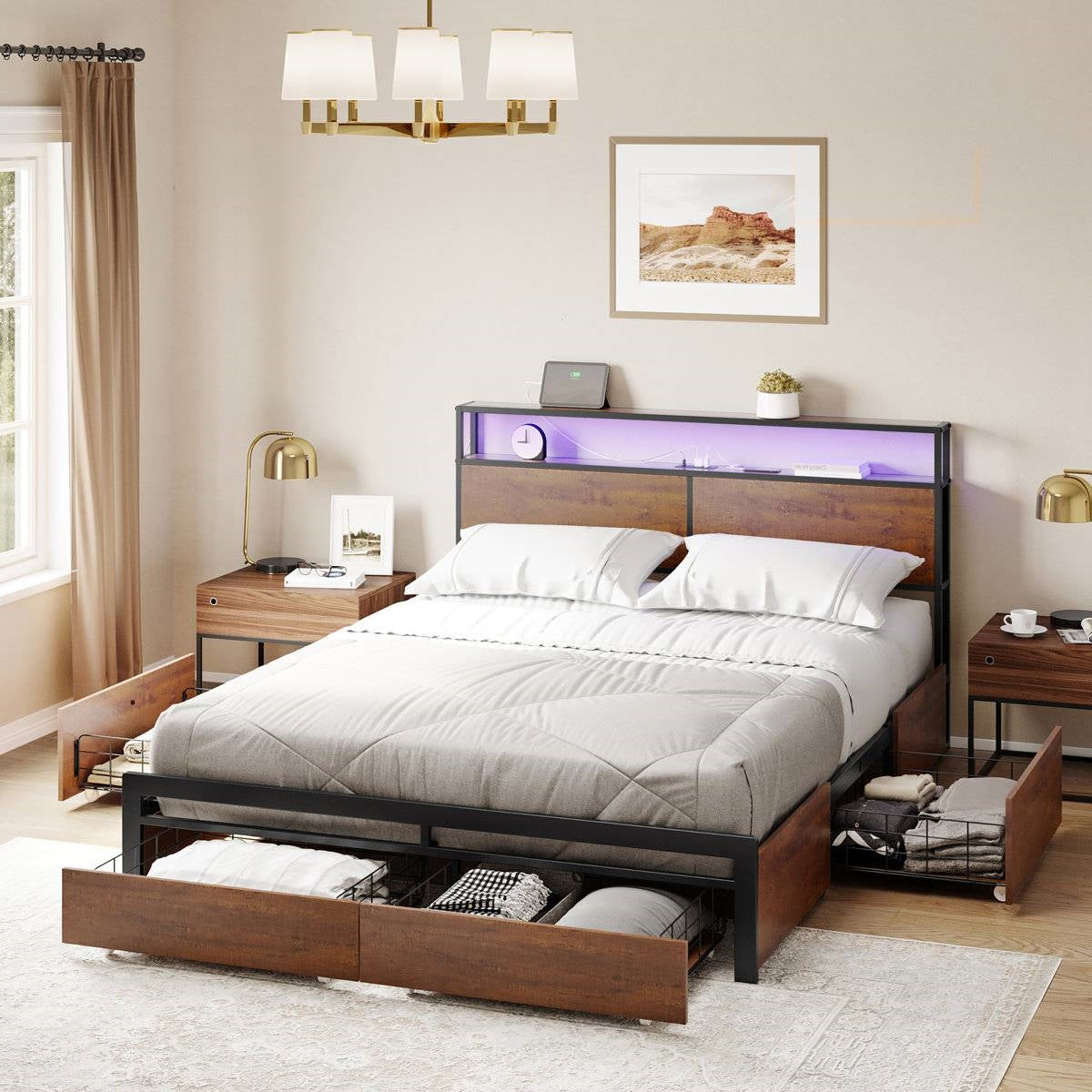 King size Platform Bed with Headboard and Storage Drawers in Brown Wood Finish