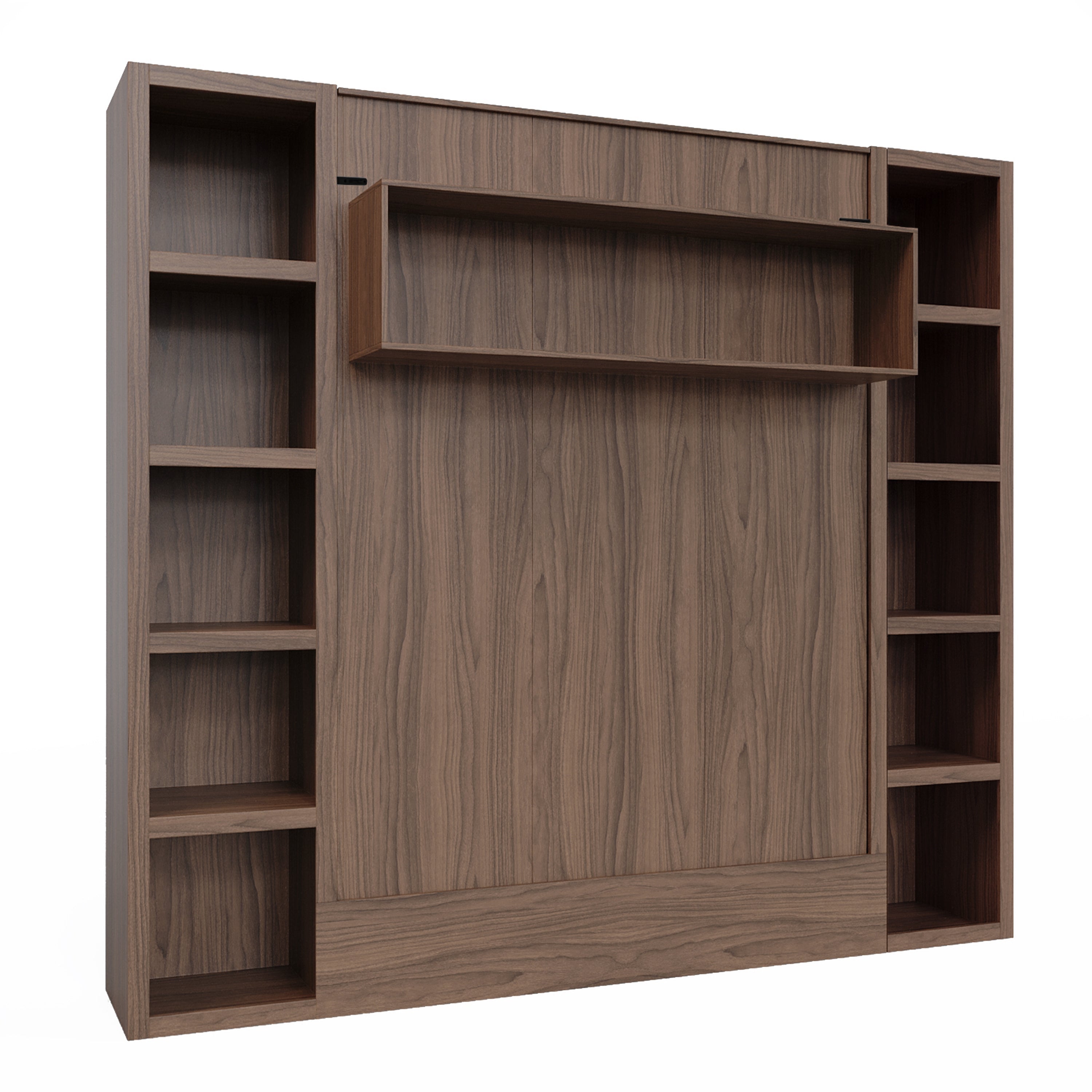 Easy-Lift Full Murphy Wall Bed in Natural Brown Wood Grain with Two Bookshelves