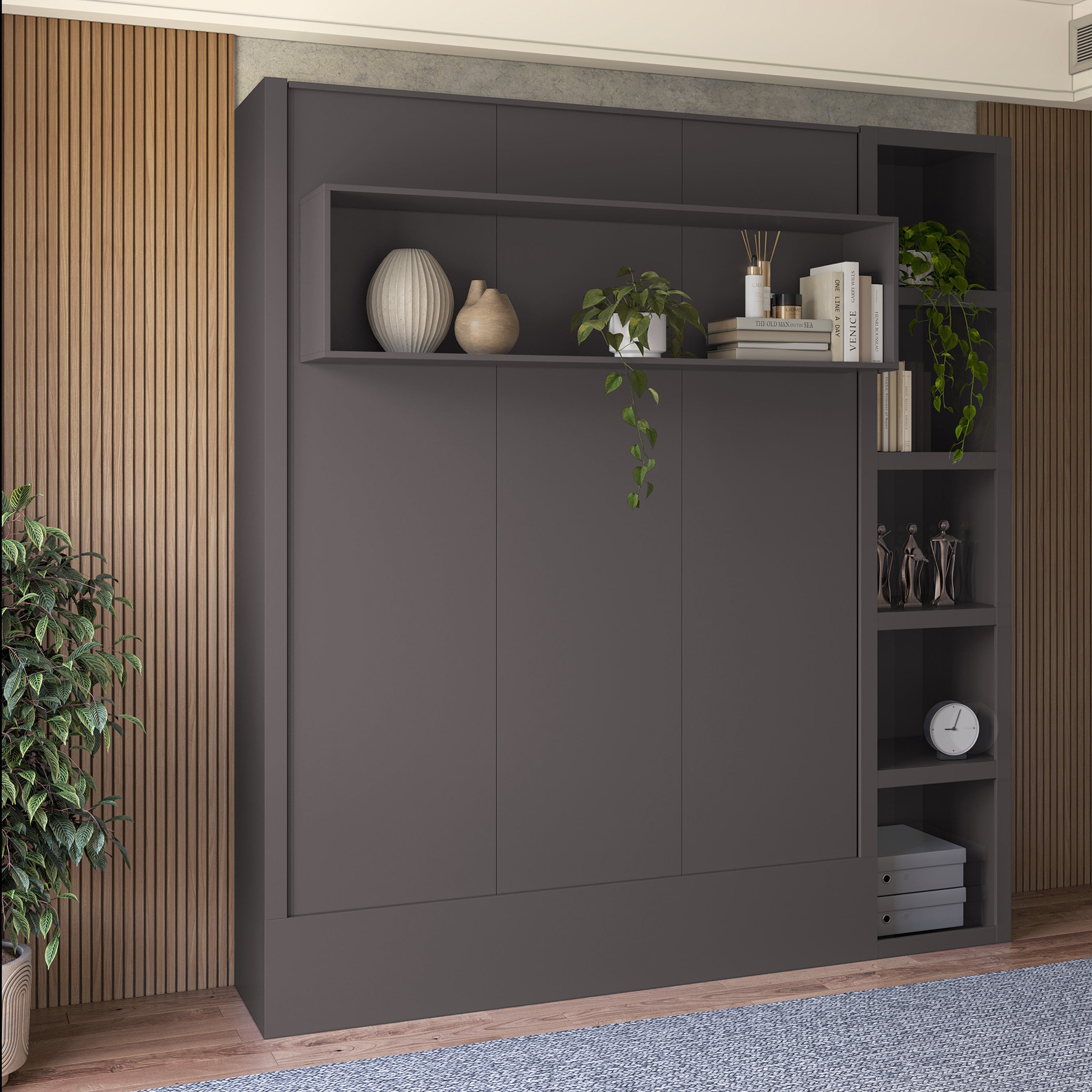 Easy-Lift Queen Murphy Wall Bed in Dark Grey with Bookshelf