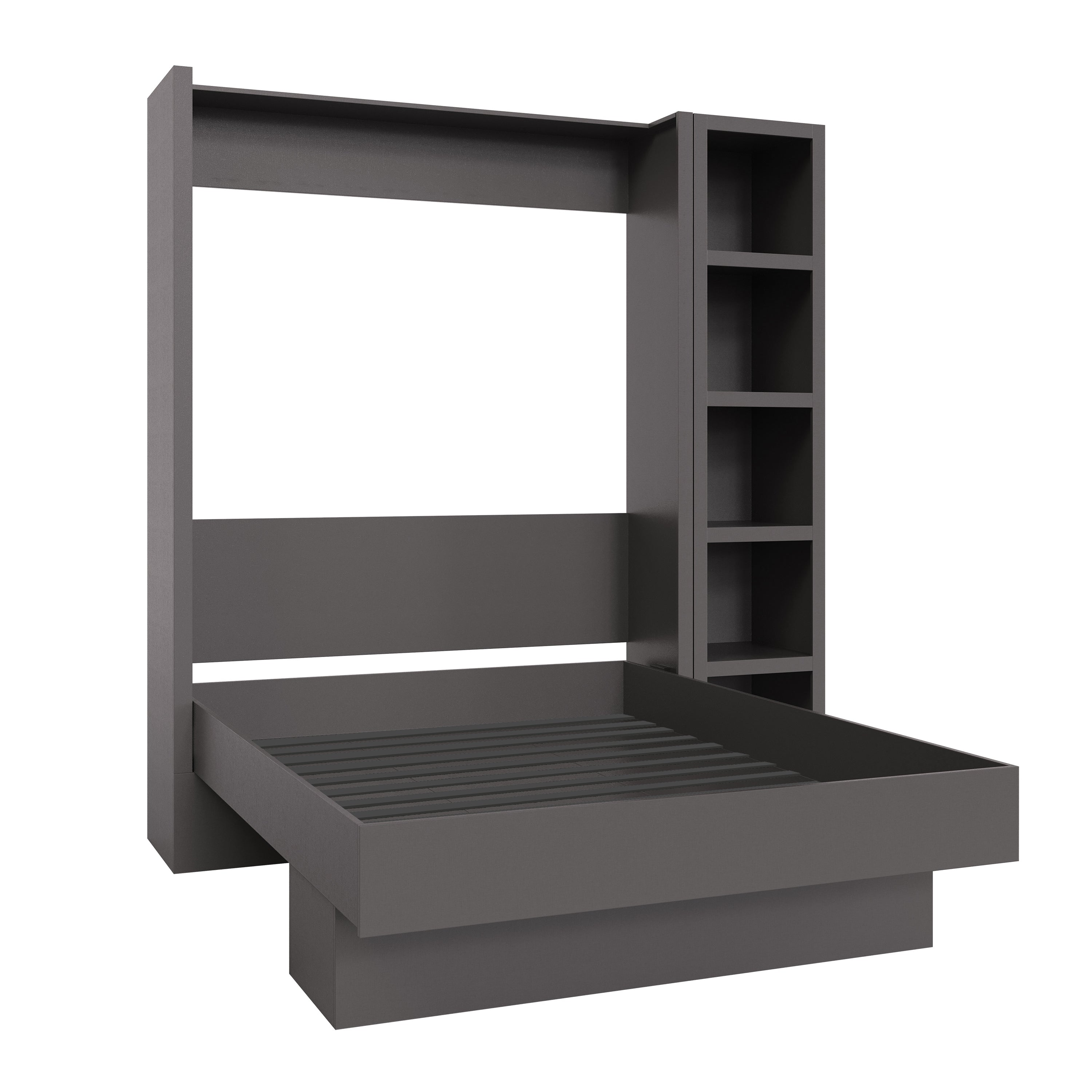Easy-Lift Queen Murphy Wall Bed in Dark Grey with Bookshelf