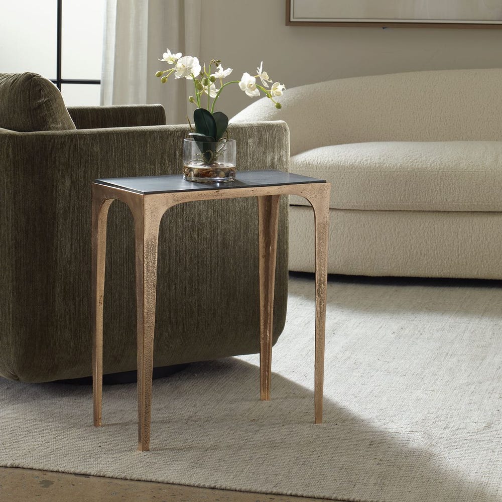 Marla Antique Brass Side Table with Black Marine Marble