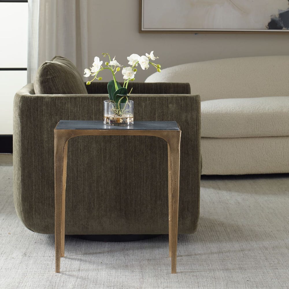 Marla Antique Brass Side Table with Black Marine Marble