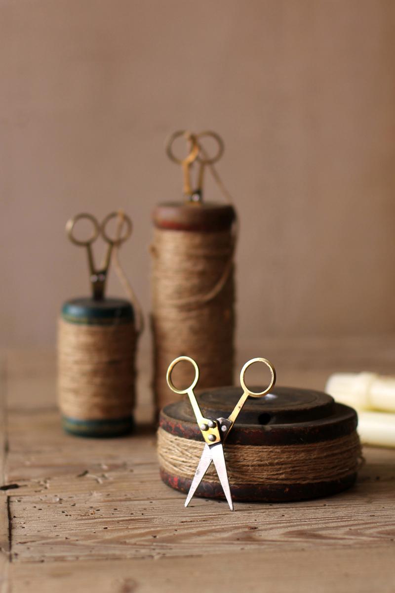 Wooden Spools with Jute Twine and Scissors - Set of 3