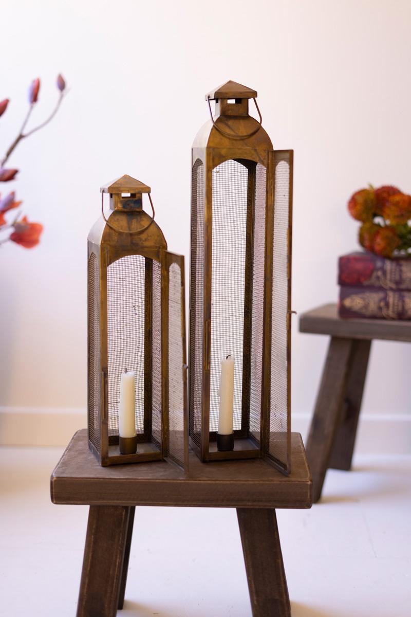 Antique Brass Wire Screen Taper Candle Lanterns - Set of 2