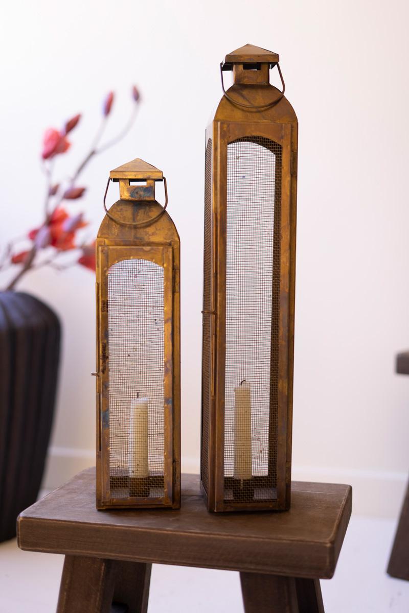 Antique Brass Wire Screen Taper Candle Lanterns - Set of 2