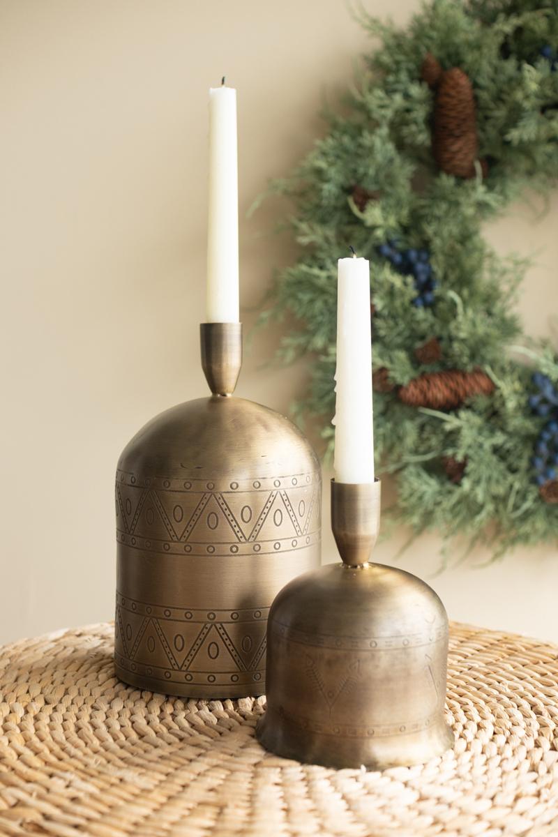 Antique Brass Bell Taper Candle Holders - Set of 2