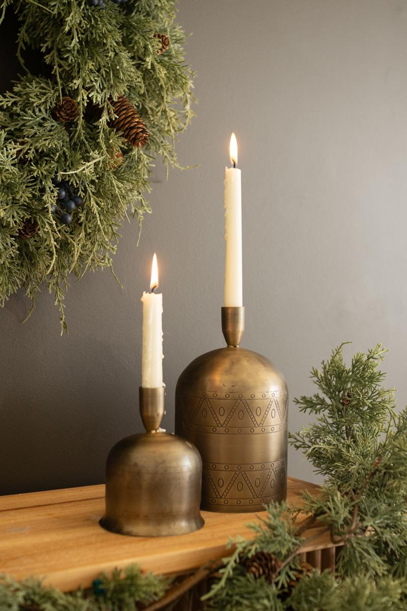 Antique Brass Bell Taper Candle Holders - Set of 2