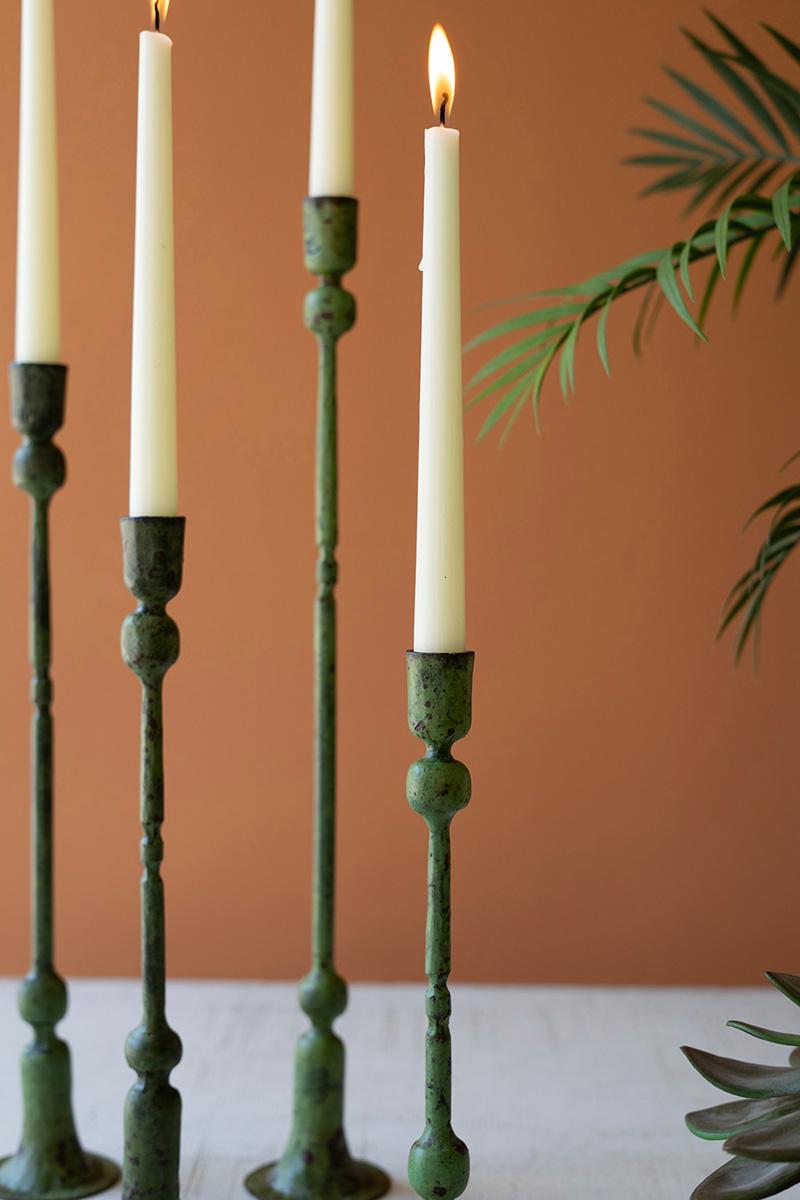 Forged-Iron Green Patina Taper Candle Holders - Set of 4